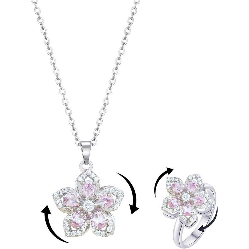 Women Flower Fidget Silver Pink Set 2 Necklace Rotatable Crystal Blossom Pendant